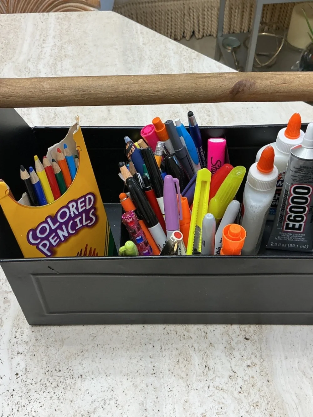 Black Metal Utility Storage Caddy With Wooden Cylinder Handle